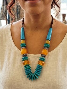 Turquoise Coloured Beads and Amber Glass Beaded Necklace